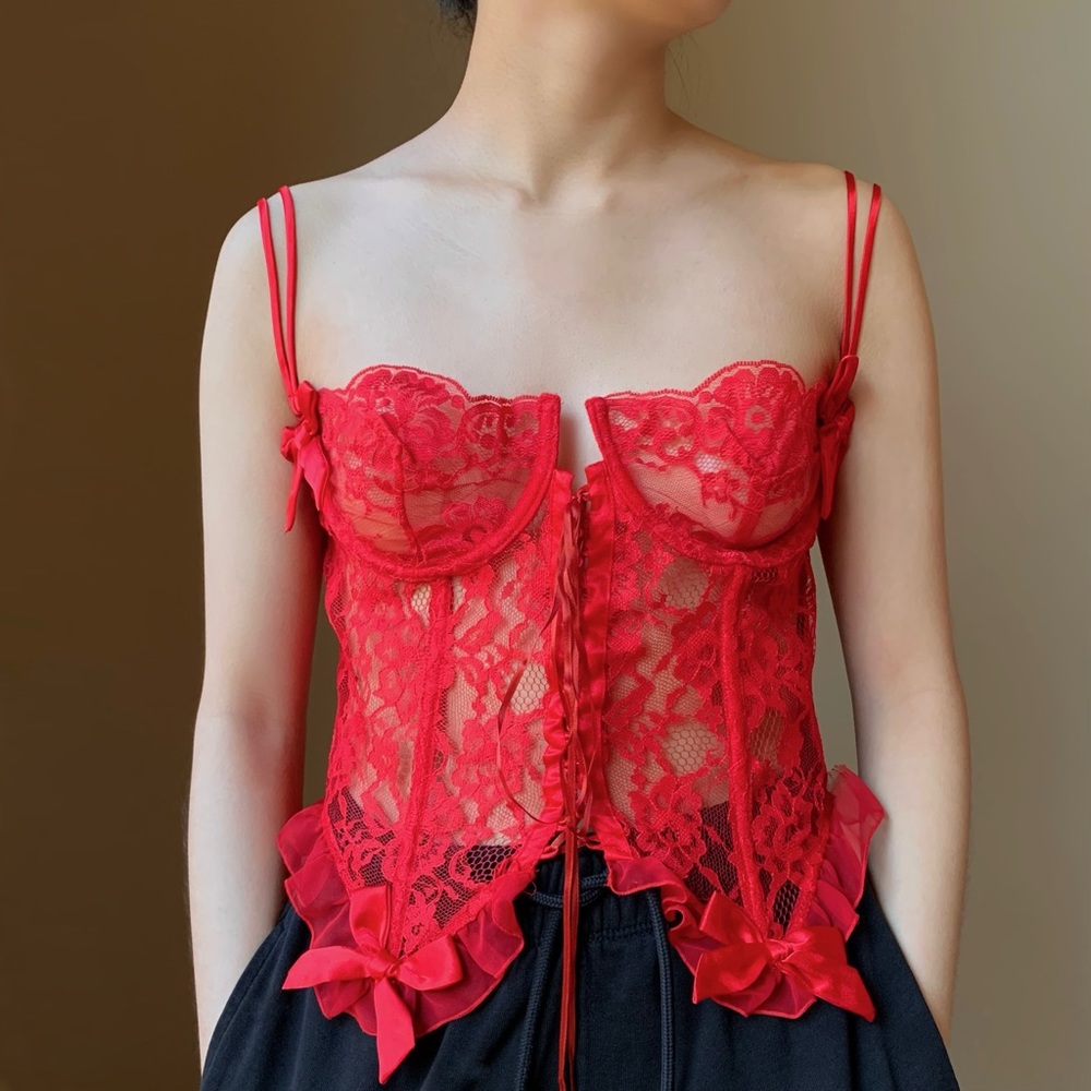 Victoria's Secret vintage cherry red bow lace bustier 34C